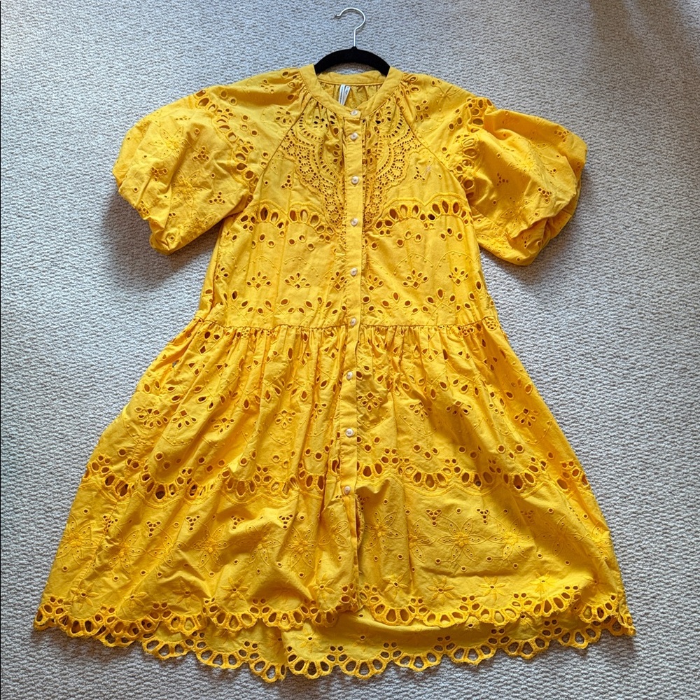 Anthropologie Yellow Eyelet Knee Length Dress Sz S